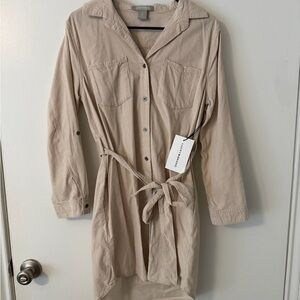 Lucky Brand Beige Corduroy Button-Up Shirt Dress with Tie Belt
